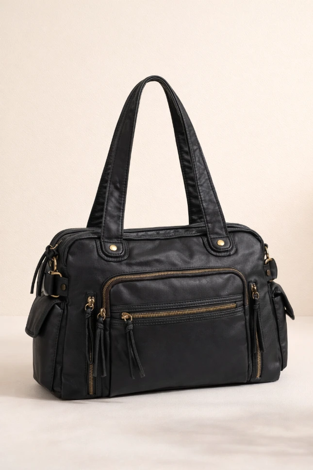 Black Leather Satchel Bag with Multiple Zipper Pockets(Amazon Find)