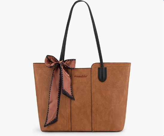 Brown Faux Leather Tote Bag with Bow Detail (Amazon Find)