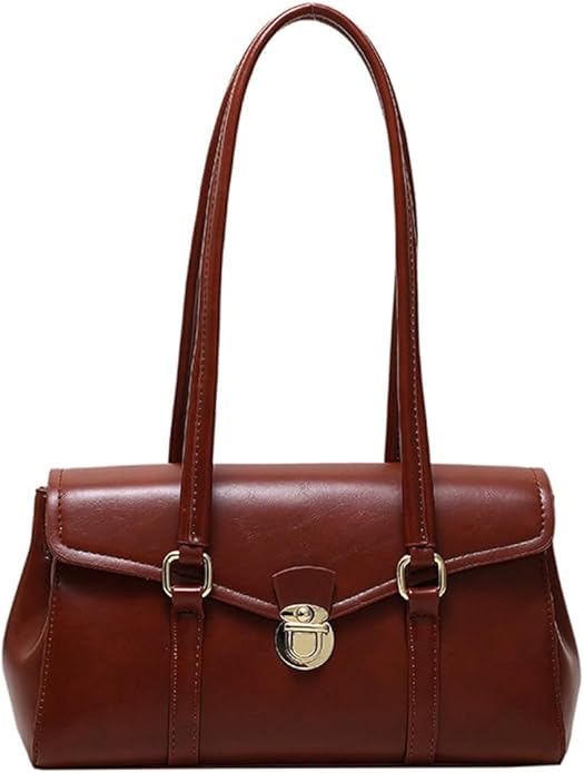 Classic Brown Leather Shoulder Bag with Gold Lock Detail (Amazon Find)